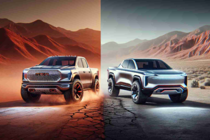 Benchmarking futuristic pickup trucks: A realistic, high-definition render of next-generation pickup trucks envisaged by two different, cutting-edge technology companies. On one side, the modern combustion-based truck from a legacy car manufacturing company known for its stylish designs and off-roading capabilities. On the other side, an electric pickup truck designed by a pioneering tech-driven car manufacturer, known for its innovative designs, autonomous driving technologies, and sustainable energy solutions.