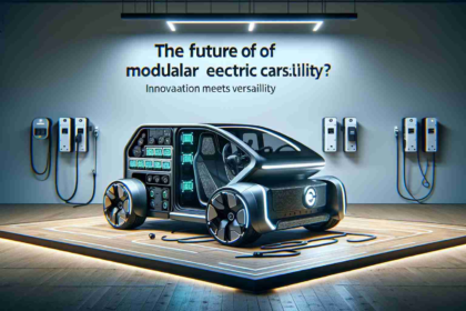 A hyper-realistic high-definition render of an innovative, modular electric vehicle, demonstrating the future of sustainable transportation. The car is unique and groundbreaking, featuring a sleek but versatile design that allows for various configurations. Emphasize the environmentally-friendly aspect, showcasing electric charging ports and battery modules. Please add a suggestive text overlay saying