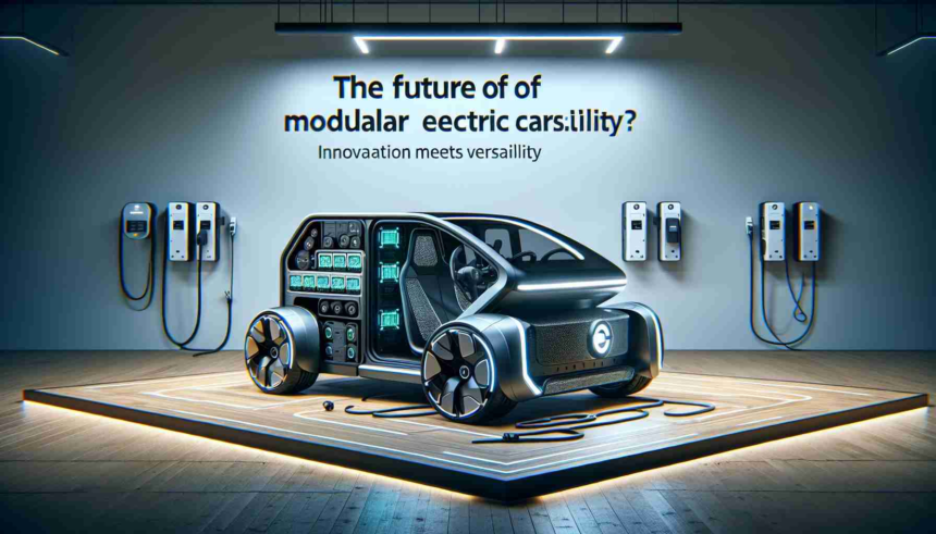 A hyper-realistic high-definition render of an innovative, modular electric vehicle, demonstrating the future of sustainable transportation. The car is unique and groundbreaking, featuring a sleek but versatile design that allows for various configurations. Emphasize the environmentally-friendly aspect, showcasing electric charging ports and battery modules. Please add a suggestive text overlay saying