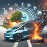 Generate a high-definition, realistic image emphasizing the debate over electric cars. Showcase an electric car in focus with symbols of environment sustainability, such as trees and clean energy iconography, on one side. On the other side, portray a burning tire, to represent the controversy and questions about the implementation and impact of electric cars. Also, include a banner in the sky with the text