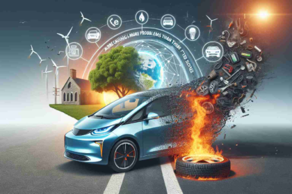 Generate a high-definition, realistic image emphasizing the debate over electric cars. Showcase an electric car in focus with symbols of environment sustainability, such as trees and clean energy iconography, on one side. On the other side, portray a burning tire, to represent the controversy and questions about the implementation and impact of electric cars. Also, include a banner in the sky with the text