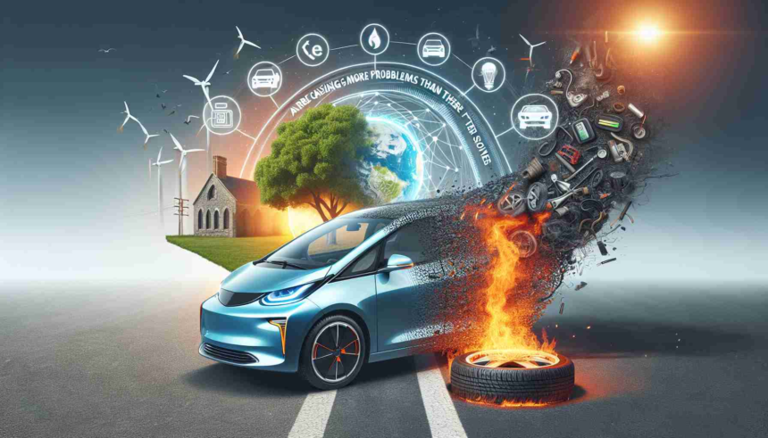 Generate a high-definition, realistic image emphasizing the debate over electric cars. Showcase an electric car in focus with symbols of environment sustainability, such as trees and clean energy iconography, on one side. On the other side, portray a burning tire, to represent the controversy and questions about the implementation and impact of electric cars. Also, include a banner in the sky with the text