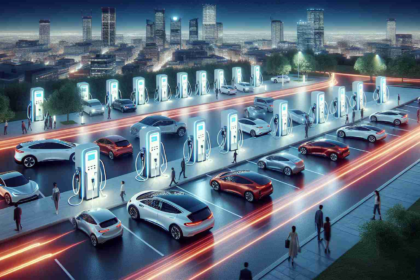 High definition, realistic representation of a futuristic cityscape in Jackson with a revolutionary electric makeover. Picture neat rows of well-designed, high-tech charging stations converting energy from renewable sources, spread across the city, seamlessly integrated into the urban infrastructure. Bright lights from the stations reflect off the shiny surfaces of numerous electric cars of different models, sizes and colours. Pedestrians, diverse in their gender, descent and age, are interacting with these stations, charging their vehicles or just passing by, contributing to the bustling energy of the transformed city.