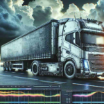 Generate a realistic HD image representing the concept of a futuristic truck, its once shiny surface now showing signs of dullness and wear, with an aura of uncertain future visualized by storm clouds gathering in the background.