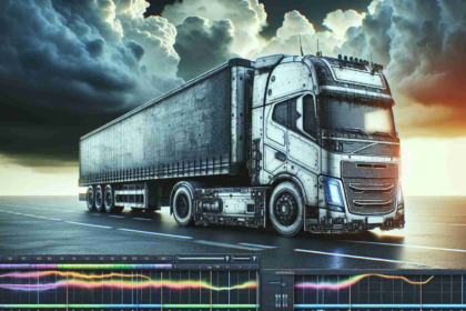 Generate a realistic HD image representing the concept of a futuristic truck, its once shiny surface now showing signs of dullness and wear, with an aura of uncertain future visualized by storm clouds gathering in the background.