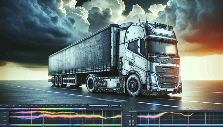 Generate a realistic HD image representing the concept of a futuristic truck, its once shiny surface now showing signs of dullness and wear, with an aura of uncertain future visualized by storm clouds gathering in the background.