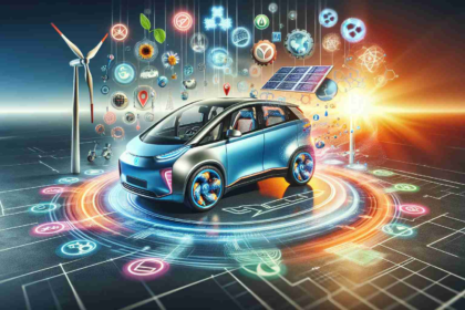 Realistic high-definition illustration showcasing a major technological advancement in electric vehicles. The image could depict an innovative electric car with futuristically efficient designs, vibrantly colored, bearing symbols of sustainability. The backdrop should hint at a revolution, possibly with a creative array of renewable energy symbols like windmills and solar panels. Ideally, the scene should express the excitement and progress associated with this groundbreaking milestone in automotive history.