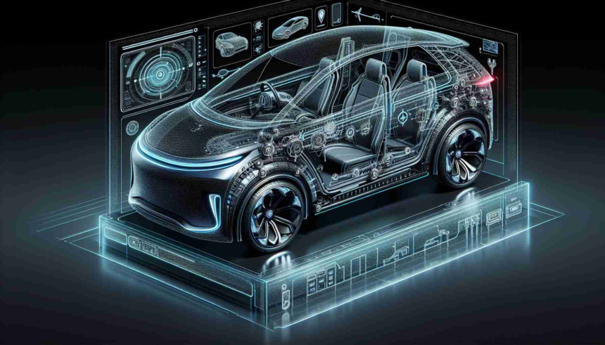 An intricately detailed, high-definition representation of an innovative vehicle. Display the cutting-edge technology, streamlined design, and futuristic features that exemplify the transformation and future of vehicular innovation. The image could include a sleek exterior, a smart dashboard with advanced navigation or control panels, electric charging ports, and cutting-edge safety features.