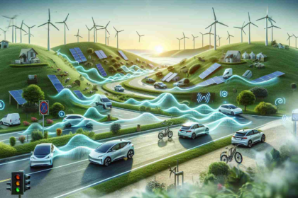 Create a detailed and realistic HD image depicting the impact of electric vehicle technology on the future of transportation and the environment. Show several electric cars (not specific to any brand) on a road, propagating waves symbolizing the