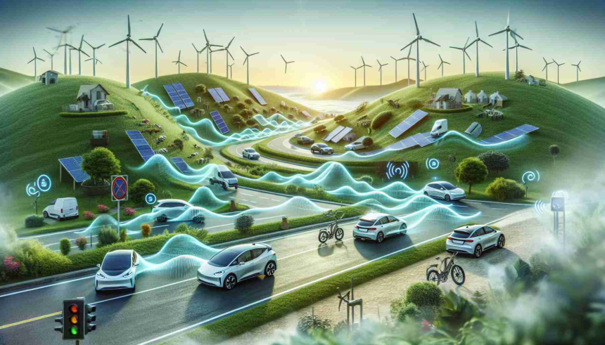 Create a detailed and realistic HD image depicting the impact of electric vehicle technology on the future of transportation and the environment. Show several electric cars (not specific to any brand) on a road, propagating waves symbolizing the
