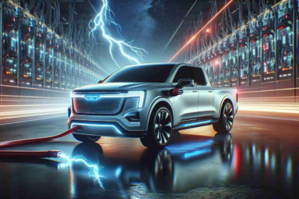 Generate a realistic, high-definition image showcasing the future of pick-up trucks. The key feature should be electric power, symbolized by dynamic visual elements like lightning bolts charging the vehicle, or a power grid in the background. The truck itself should exhibit a modern design, with sleek lines, aesthetically pleasing curves, and state-of-the-art technology. The environment should be convincingly futuristic, yet maintain an essence of practicality and reliability associated with the trusted tradition of pick-up trucks.