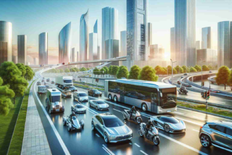 High-definition, realistic image of a vision of the future of transportation: a time where hybrid vehicles are dominant. Picture a modern city with smooth, glossy roads and sleek traffic with a variety of hybrid vehicles of different sizes and designs. Among them, include family cars, buses, delivery trucks, motorcycles that emit no harmful gases, and harness a balance of electric and traditional fuel sources. Illustrate this futuristic scene during a bright, clear day with skyscrapers in the background. Make sure the angle of the image highlights the array of sustainable transportation prominently.