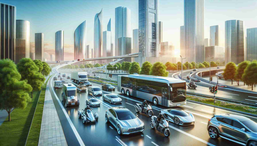 High-definition, realistic image of a vision of the future of transportation: a time where hybrid vehicles are dominant. Picture a modern city with smooth, glossy roads and sleek traffic with a variety of hybrid vehicles of different sizes and designs. Among them, include family cars, buses, delivery trucks, motorcycles that emit no harmful gases, and harness a balance of electric and traditional fuel sources. Illustrate this futuristic scene during a bright, clear day with skyscrapers in the background. Make sure the angle of the image highlights the array of sustainable transportation prominently.