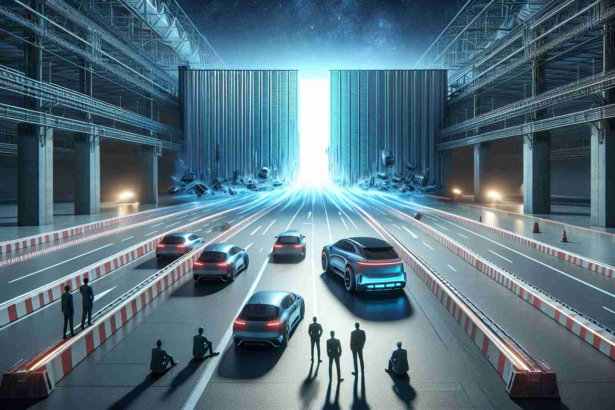 A highly realistic and detailed image that shows, in an abstract manner, the concept of a shocking event impacting the electric car industry. It could be represented by a symbolically large barrier appearing on a smoothly running track for electric cars. The atmosphere should convey a sense of alarm and consternation. In one corner, portray a group of individuals illustrating the diversity of industry leaders, showing their taken aback expressions. Please avoid representing any real individuals or specific corporate logos. The setting should be futuristic and technological, reflecting the advanced nature of the electric car industry.