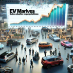 Realistic high-definition image of a scene illustrating record-breaking electric vehicle sales. Imagery might include bustling electric vehicle showrooms with diverse range of customers, stocks of different electric vehicle models plotted on an ascending sales chart, and headlines such as