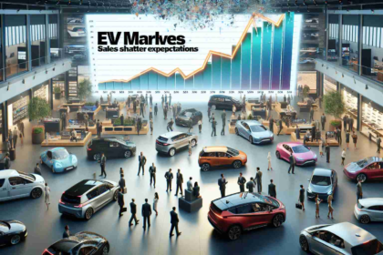 Realistic high-definition image of a scene illustrating record-breaking electric vehicle sales. Imagery might include bustling electric vehicle showrooms with diverse range of customers, stocks of different electric vehicle models plotted on an ascending sales chart, and headlines such as
