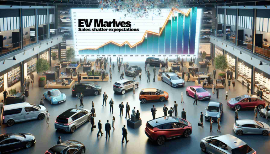 Realistic high-definition image of a scene illustrating record-breaking electric vehicle sales. Imagery might include bustling electric vehicle showrooms with diverse range of customers, stocks of different electric vehicle models plotted on an ascending sales chart, and headlines such as