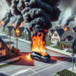 Generate a detailed high-definition image depicting a dramatic scene where a hybrid vehicle unexpectedly catches fire. Thick, black smoke billows from the vehicle while tall, relentless flames surge upwards. Nearby houses, small and quaint, alluding to a residential setting. The area is devoid of human presence, emphasising the urgency of an invisible broadcast urging residents to stay indoors for their safety.