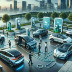 A realistic HD image showcasing the concept of electric car sharing as the future of sustainable mobility. The image should include an array of modern electric vehicles, possibly with visible plug-in charging stations, situated in urban surroundings that exemplify green living. The scenery illustrates the rise of eco-conscious alternatives in a world increasingly advocating for environmentally-friendly methods of transport. Also, incorporate elements that highlight car sharing, such as a variety of individuals, from different descents and genders, taking turns using the same vehicle, or a digital app interface demonstrating a car sharing system.