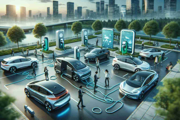 A realistic HD image showcasing the concept of electric car sharing as the future of sustainable mobility. The image should include an array of modern electric vehicles, possibly with visible plug-in charging stations, situated in urban surroundings that exemplify green living. The scenery illustrates the rise of eco-conscious alternatives in a world increasingly advocating for environmentally-friendly methods of transport. Also, incorporate elements that highlight car sharing, such as a variety of individuals, from different descents and genders, taking turns using the same vehicle, or a digital app interface demonstrating a car sharing system.