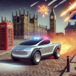 Create a high-definition, photo-realistic scenario illustrating a futuristic electric pickup truck, similar to the Tesla Cybertruck, having been prohibited in a location resembling the United Kingdom. Include indications of shock and surprise from surrounding bystanders, while subtly implying a prospective significant event unfolding afterwards.