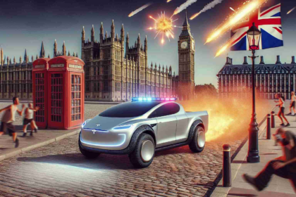 Create a high-definition, photo-realistic scenario illustrating a futuristic electric pickup truck, similar to the Tesla Cybertruck, having been prohibited in a location resembling the United Kingdom. Include indications of shock and surprise from surrounding bystanders, while subtly implying a prospective significant event unfolding afterwards.