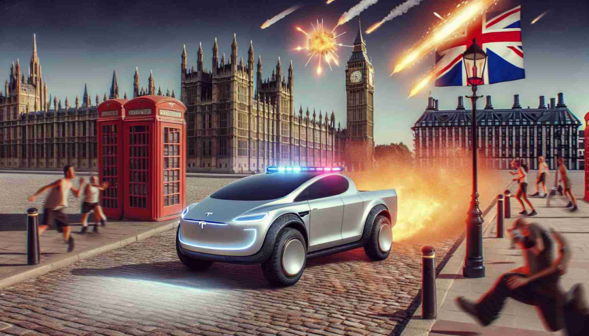 Create a high-definition, photo-realistic scenario illustrating a futuristic electric pickup truck, similar to the Tesla Cybertruck, having been prohibited in a location resembling the United Kingdom. Include indications of shock and surprise from surrounding bystanders, while subtly implying a prospective significant event unfolding afterwards.