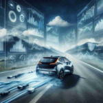 High-definition image showing the uncertainty of the future of electric vehicles, illustrated with a symbolically misty road overlaying a series of graphs and charts depicting various facets of the electric vehicle industry