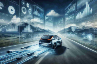 High-definition image showing the uncertainty of the future of electric vehicles, illustrated with a symbolically misty road overlaying a series of graphs and charts depicting various facets of the electric vehicle industry