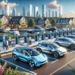 Create a detailed, high-resolution image showcasing the rise of electric vehicles in Long Island. The scene should include various model electric vehicles, representing different car brands, lined up in an aesthetically pleasing manner. Moreover, the area should be dotted with several modern charging stations, hinting at the extensive and growing network for such vehicles in the region. Try to capture the environmentally friendly vibe of this trend, perhaps by showing a blue sky and green foliage in the background, signaling clean air and reduced pollution. Include some people of different descents and genders interacting with the cars and charging stations for a sense of diversity and community involvement.