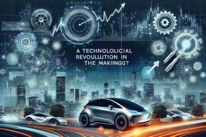 Visual representation of the future valuation of an unnamed electric car manufacturer, depicted as a technological revolution in the making. The image should be composed of various technological elements, stock market charts, and futuristic cityscapes. The image should also contain the phrase