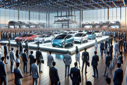 A high-resolution realistic image displaying a surge in electric vehicle sales. Show an abstract interpretation of the Chinese market with an implied leader signified by a large, brightly lit, modern electric car showroom filled with an array of sleek and environmentally friendly electric cars. Please include a diverse crowd of interested buyers including Caucasian, Middle-Eastern, Black, South Asian, Hispanic, and White customers, both male and female, looking at the electric cars with excitement and curiosity. The scene should evoke feelings of progress, sustainability, and competitive spirit.