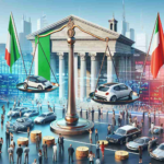 A high-definition, realistic image capturing the excitement in Italy over electric cars. Pictured is a modern cityscape with Italian flags fluttering, crowds of diverse people examining and appreciating electric cars, and stocks related to electric vehicles seen prominently on digital displays. Additionally, a symbolic balance scale represents the investment prospects in these vehicles, with gold coins on one side and electric car icons on the other.