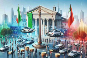 A high-definition, realistic image capturing the excitement in Italy over electric cars. Pictured is a modern cityscape with Italian flags fluttering, crowds of diverse people examining and appreciating electric cars, and stocks related to electric vehicles seen prominently on digital displays. Additionally, a symbolic balance scale represents the investment prospects in these vehicles, with gold coins on one side and electric car icons on the other.