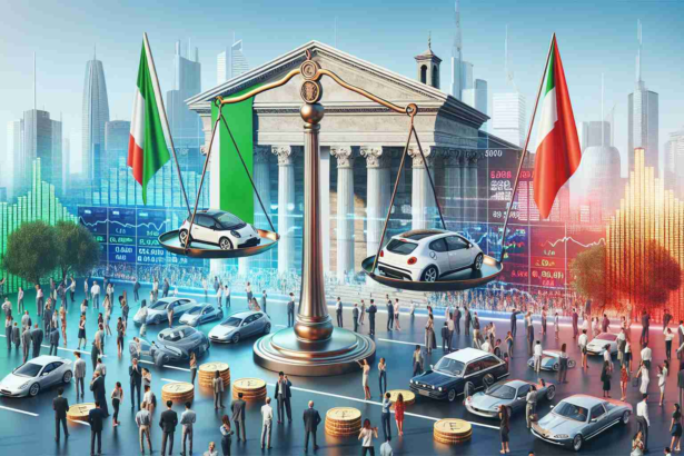 A high-definition, realistic image capturing the excitement in Italy over electric cars. Pictured is a modern cityscape with Italian flags fluttering, crowds of diverse people examining and appreciating electric cars, and stocks related to electric vehicles seen prominently on digital displays. Additionally, a symbolic balance scale represents the investment prospects in these vehicles, with gold coins on one side and electric car icons on the other.