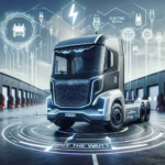 Generate a realistic, high-definition image showcasing the concept of a new direction in electric trucks. Display a futuristic, innovative electric truck parked in an open, industrial setting. Surrounding the truck, have visuals of electricity and charging symbols, hinting at its electric nature. On the side of the truck, place a text that reads