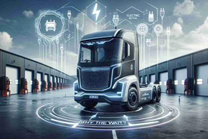 Generate a realistic, high-definition image showcasing the concept of a new direction in electric trucks. Display a futuristic, innovative electric truck parked in an open, industrial setting. Surrounding the truck, have visuals of electricity and charging symbols, hinting at its electric nature. On the side of the truck, place a text that reads