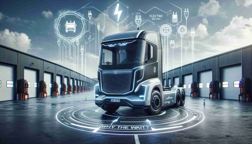 Generate a realistic, high-definition image showcasing the concept of a new direction in electric trucks. Display a futuristic, innovative electric truck parked in an open, industrial setting. Surrounding the truck, have visuals of electricity and charging symbols, hinting at its electric nature. On the side of the truck, place a text that reads