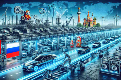 High definition, lifelike image depicting the metaphorical shift in the automotive industry of the United States due to new regulations affecting China and Russia. Illustrate this concept with a car production line featuring futuristic technology and innovative designs. Add symbolic elements representing China such as the Great Wall or panda, and Russia such as the Kremlin or the Matryoshka doll, to depict their involvement. Show evident changes in manufacturing processes and the dynamic transformation within the industry.