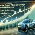 Visual representation of the global electric vehicle sales peaking at 17.1 million units in the year 2024, in the form of a realistic, high-definition image. This could possibly be a graph or a chart showing the upwards trend, detailed with clear lettering, relevant statistical numbers, and a year-on-year growth line or bar extending through years leading up to 2024.