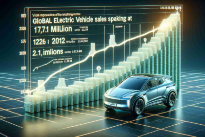 Visual representation of the global electric vehicle sales peaking at 17.1 million units in the year 2024, in the form of a realistic, high-definition image. This could possibly be a graph or a chart showing the upwards trend, detailed with clear lettering, relevant statistical numbers, and a year-on-year growth line or bar extending through years leading up to 2024.