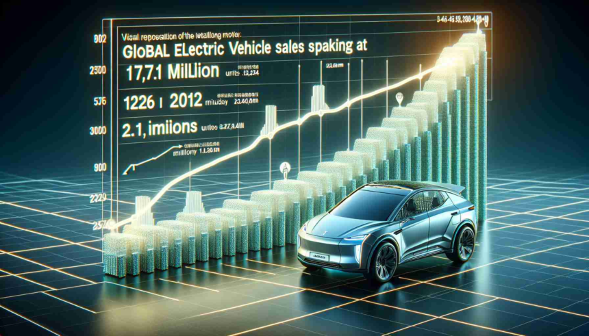 Visual representation of the global electric vehicle sales peaking at 17.1 million units in the year 2024, in the form of a realistic, high-definition image. This could possibly be a graph or a chart showing the upwards trend, detailed with clear lettering, relevant statistical numbers, and a year-on-year growth line or bar extending through years leading up to 2024.