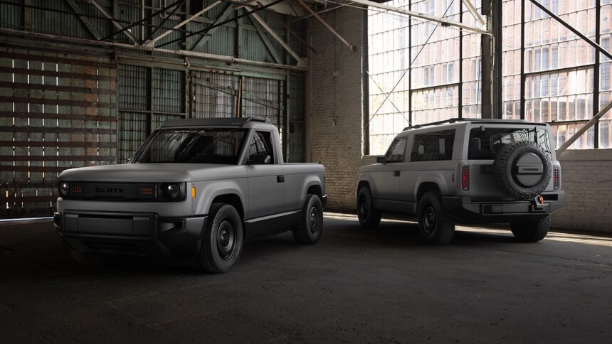 Slate EV truck and SUV upgrade next to each other in warehouse