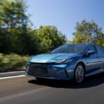 Front 3/4 action shot of a 2025 Toyota Camry