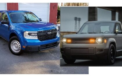 Image compares the Ford Maverick Hybrid-Electric pickup truck to Slate